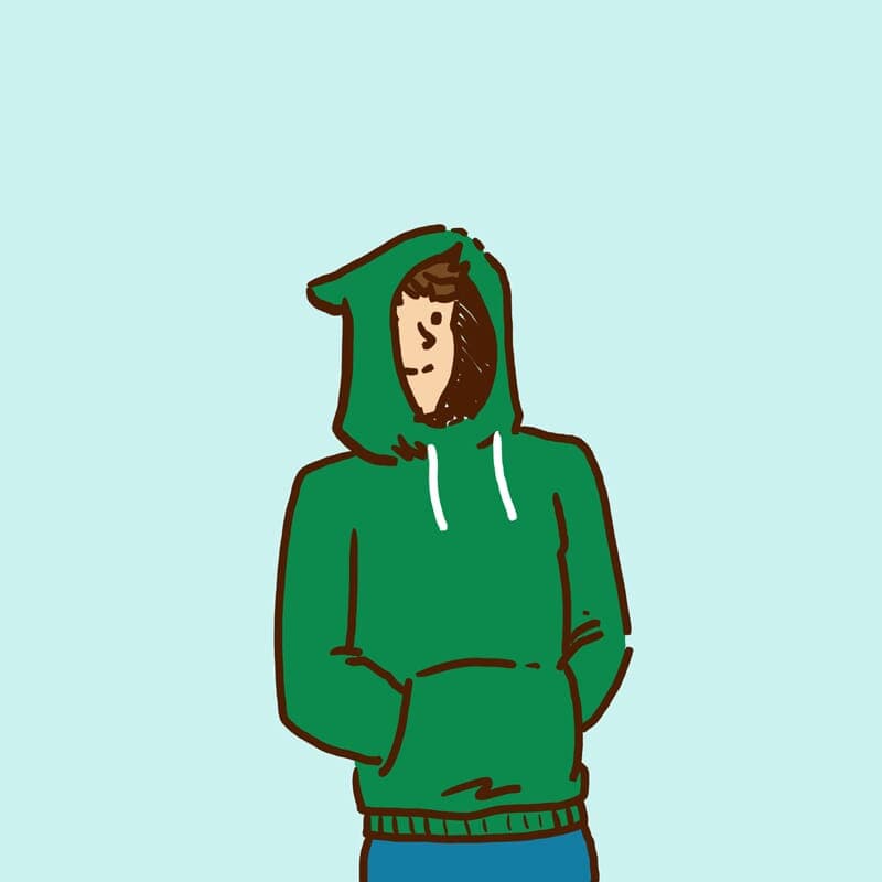 Retreat to Hoodie Season (Fall Edition) - Part 2 | Monday Comic | Nick Volkert A young man disappears into a hooded sweatshirt with the hood up. - Part 2