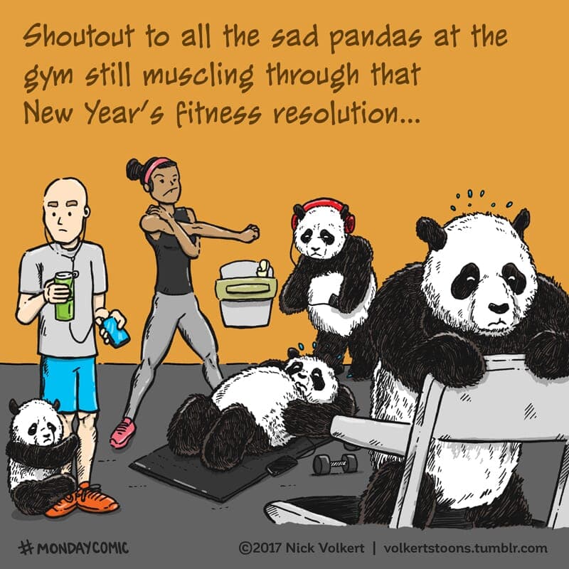 Sad New Years Resolution Pandas - Part 1 | Monday Comic | Nick Volkert Sad pandas cling to healthy gym goers. - Part 1