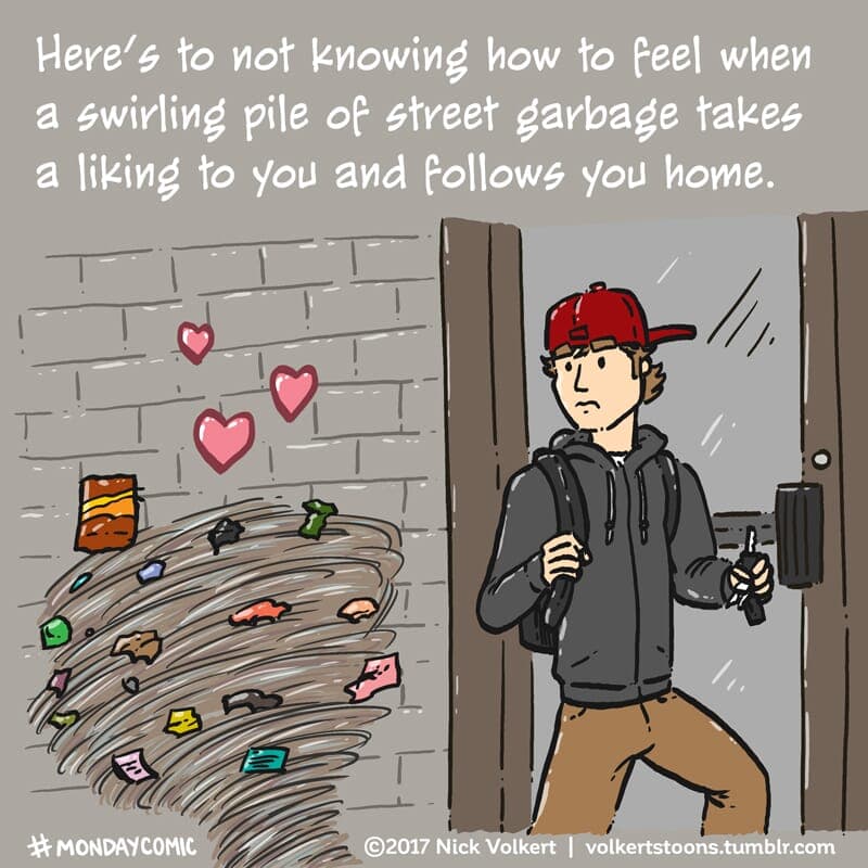 Swirling Garbage - Part 1 | Monday Comic | Nick Volkert A cyclone of garbage follows a man to his apartment. - Part 1