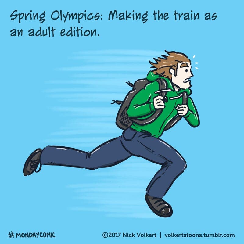 Spring Olympics - Part 1 | Monday Comic | Nick Volkert A man is in a full sprint to catch his train. - Part 1