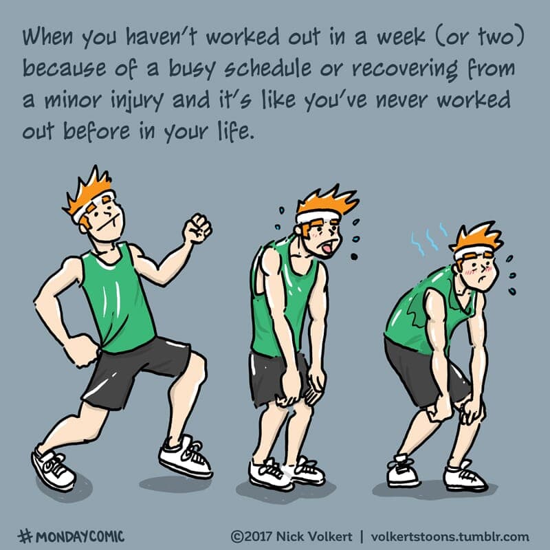 Working Out - Part 1 | Monday Comic | Nick Volkert A man is wiped of energy after a short jog. - Part 1