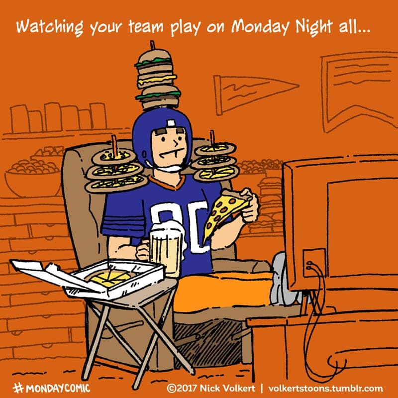 Monday Night - Part 1 | Monday Comic | Nick Volkert A man sits on a recliner with snacks on a helmet and shoulder pads. - Part 1