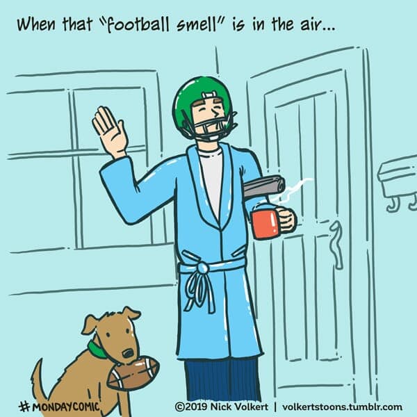 That Football Smell - Part 1 | Monday Comic | Nick Volkert A man wearing his football gear waves to his neighbors. - Part 1