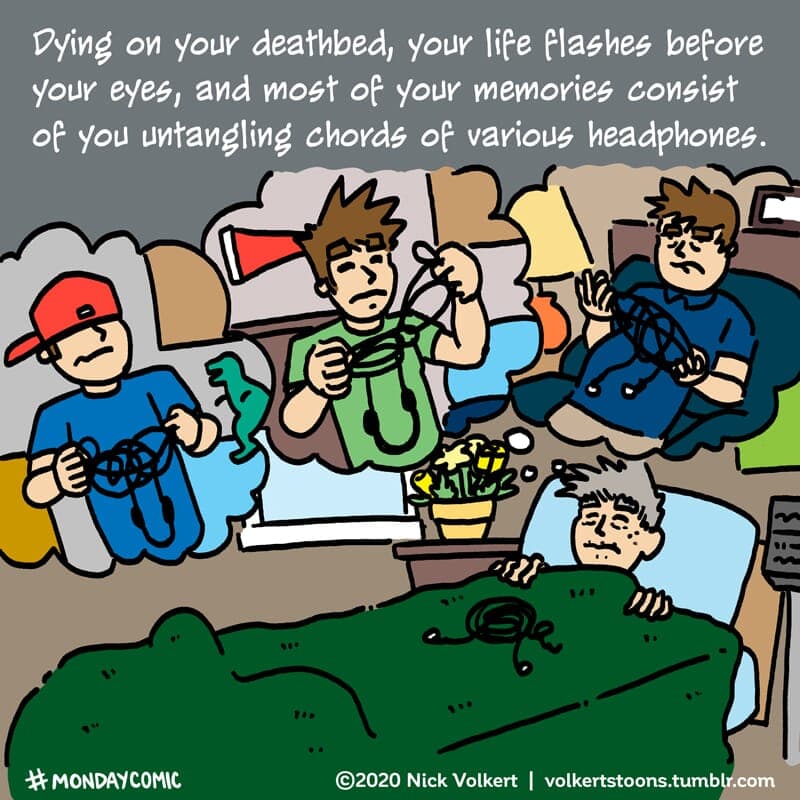 Death bed - Part 1 | Monday Comic | Nick Volkert A man reflecting on his life of untangling headhpone wires. - Part 1