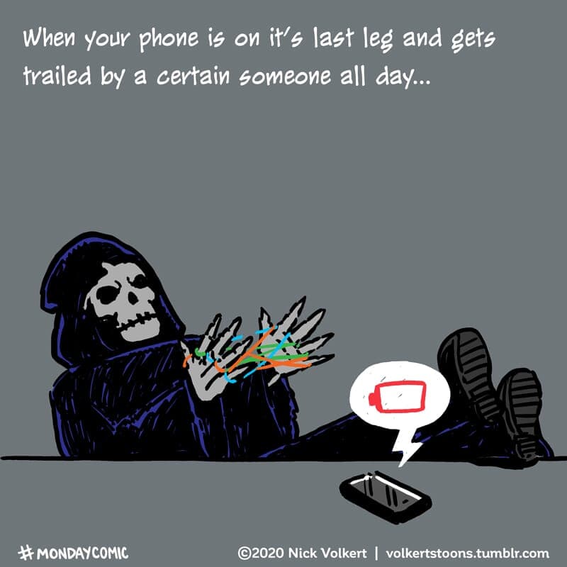 Grim Phone - Part 1 | Monday Comic | Nick Volkert The grim reaper bides his time waiting for a phone battery to finally die. - Part 1