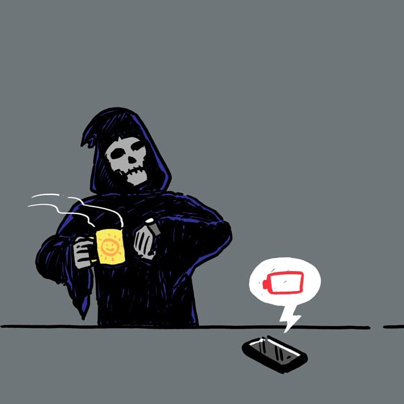 Grim Phone - Part 2 | Monday Comic | Nick Volkert The grim reaper bides his time waiting for a phone battery to finally die. - Part 2