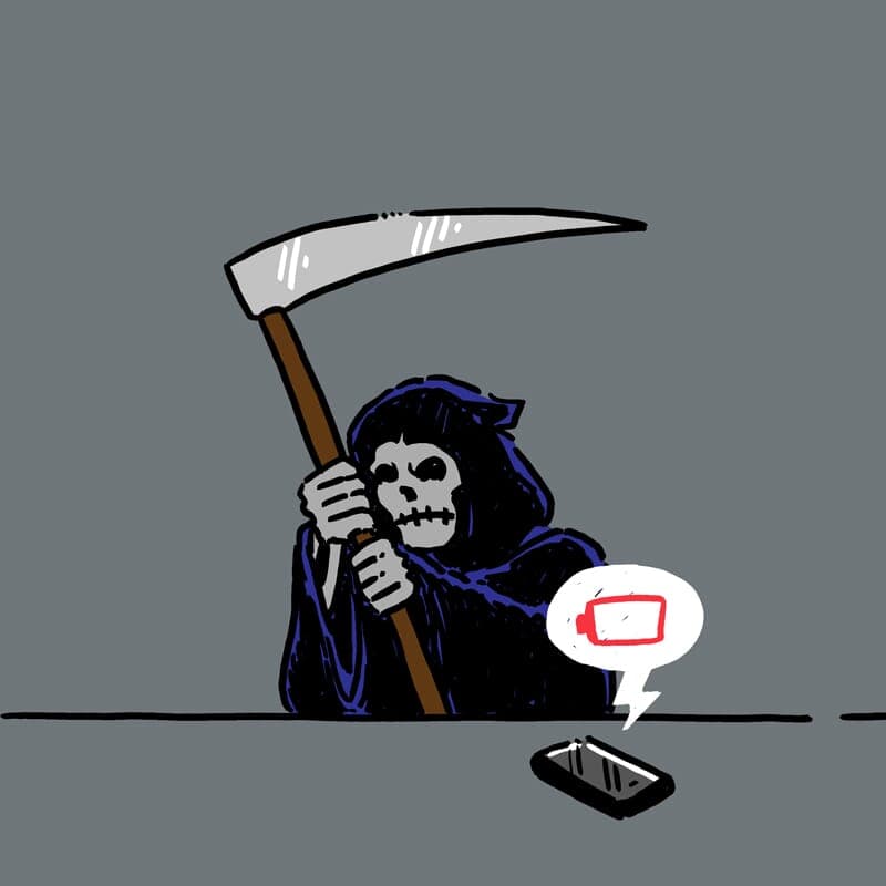 Grim Phone - Part 3 | Monday Comic | Nick Volkert The grim reaper bides his time waiting for a phone battery to finally die. - Part 3