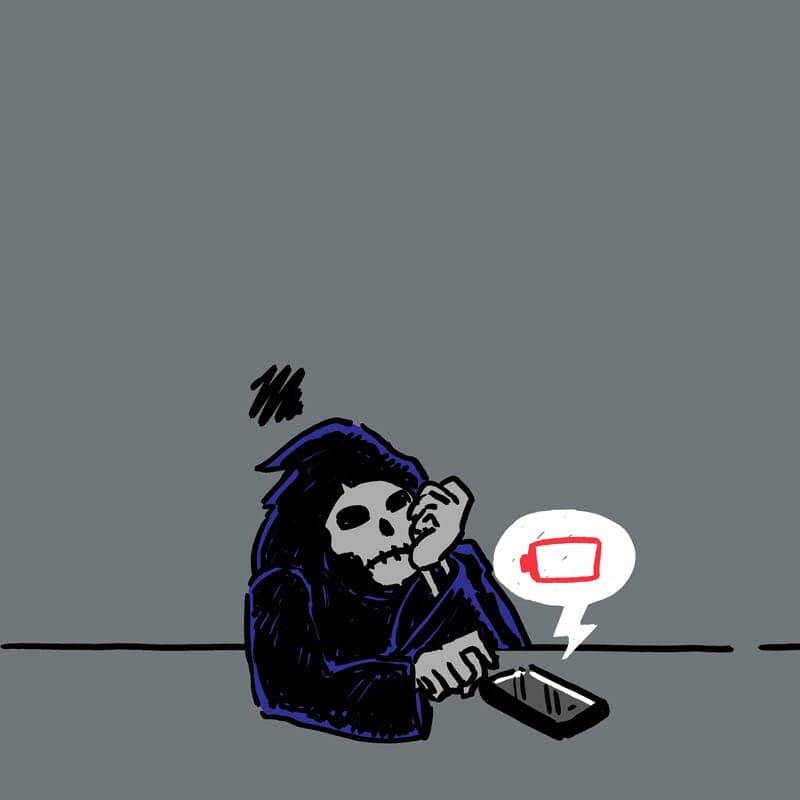 Grim Phone - Part 4 | Monday Comic | Nick Volkert The grim reaper bides his time waiting for a phone battery to finally die. - Part 4