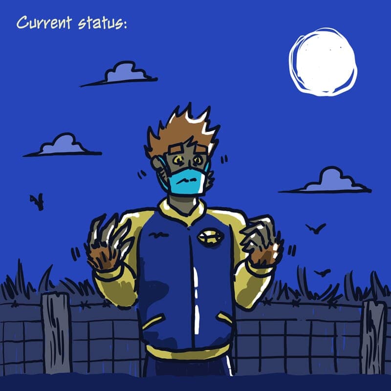 Covid Werewolf - Part 1 | Monday Comic | Nick Volkert A werewolf howls at the moon while wearing a mask. - Part 1