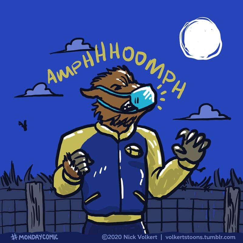 Covid Werewolf - Part 2 | Monday Comic | Nick Volkert A werewolf howls at the moon while wearing a mask. - Part 2