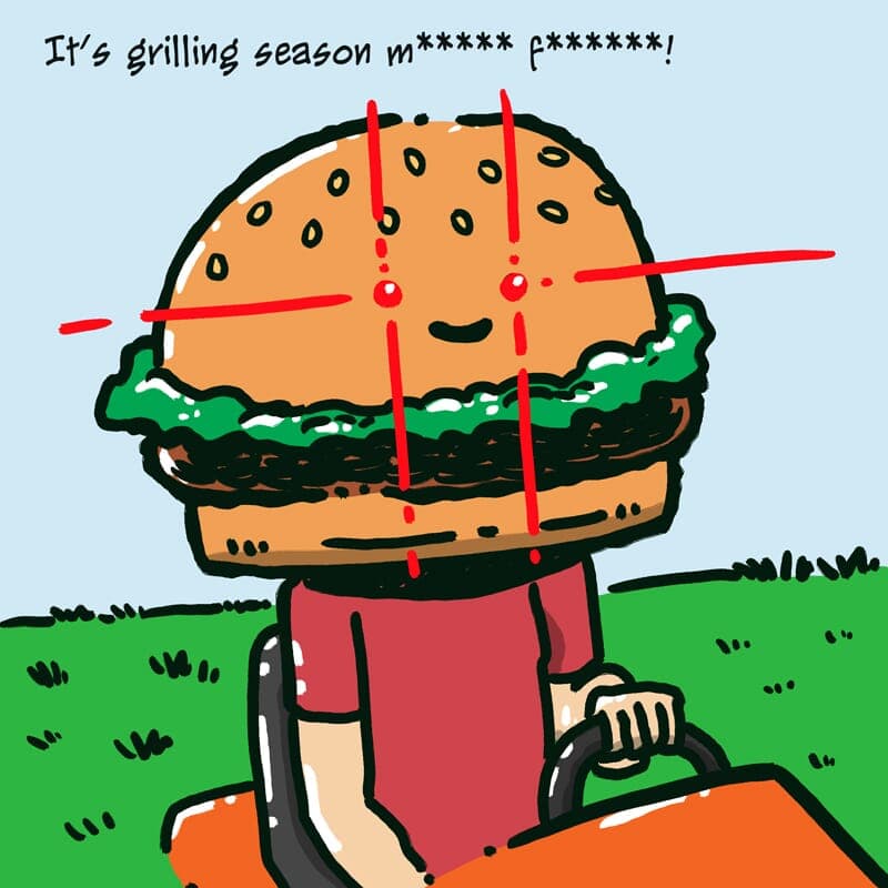 Grilling Season - Part 2 | Monday Comic | Nick Volkert A man with a burger head mows his lawn. - Part 2