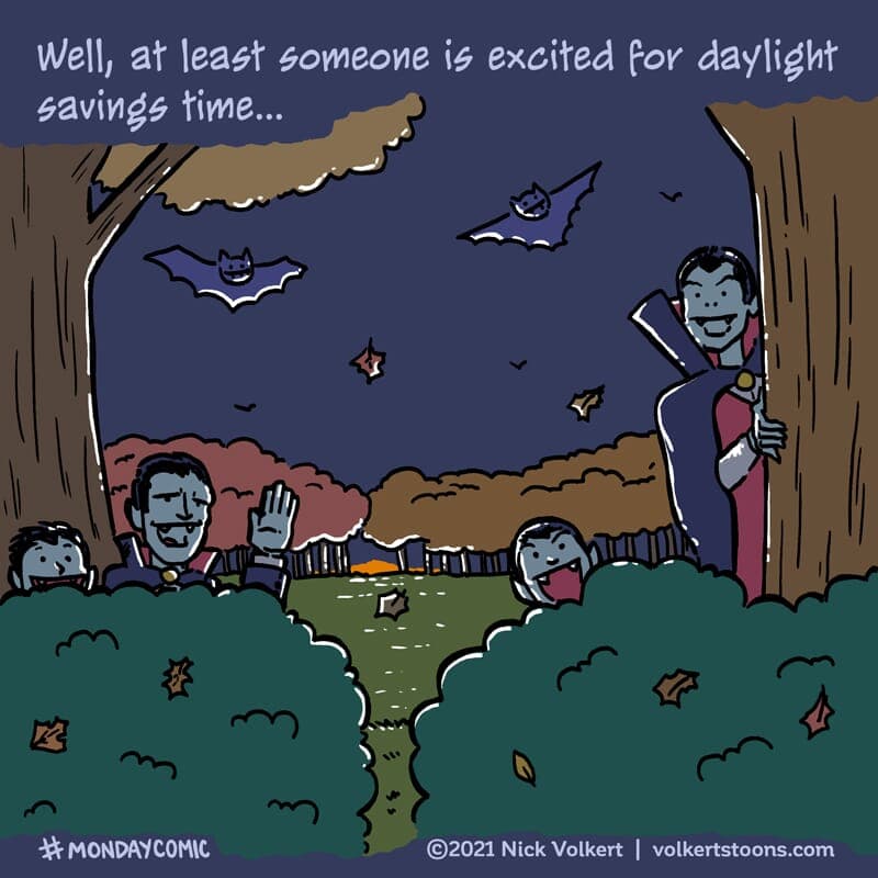 Daylight Savings Vampires - Part 1 | Monday Comic | Nick Volkert Various vampires look out from their hiding spots as the sun fades in the background. - Part 1