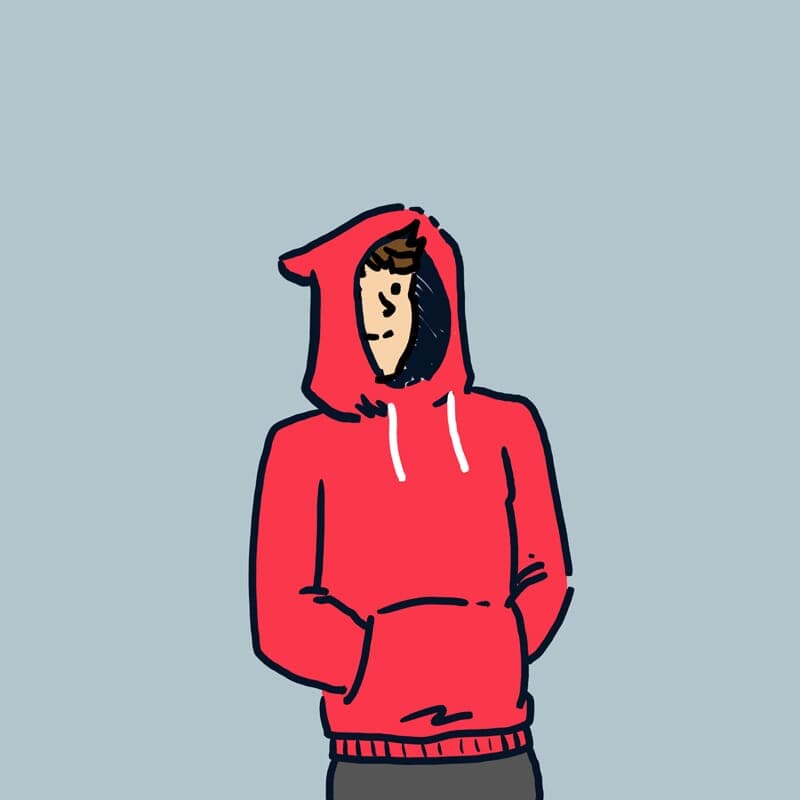 Retreat to Hoodie Season - Part 2 | Monday Comic | Nick Volkert A young man disappears into a hooded sweatshirt with the hood up. - Part 2