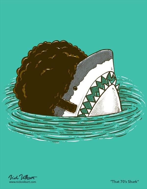 That 70s Shark | Nick Volkert A shark peeks out of the water with a huge 1970s afro and sideburns.