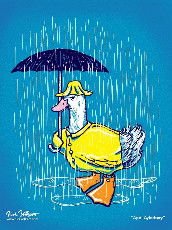 April Aylesbury | Nick Volkert An annoyed duck dressed in a raincoat and umbrellas avoiding the rain.