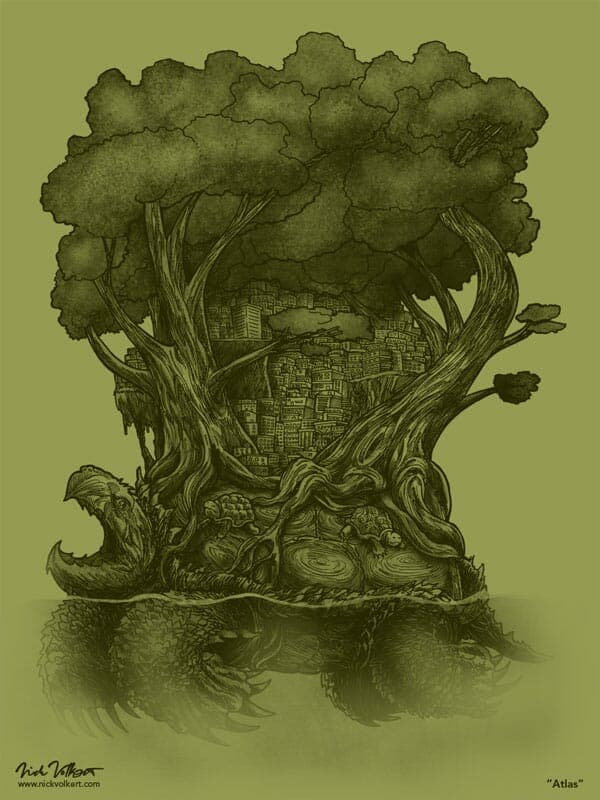 Atlas | Nick Volkert A snapping turtle swimming in water with a city on its back, surrounded by trees.