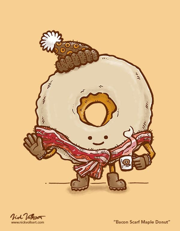 The Bacon Scarf Maple Donut | Nick Volkert Maple donuts always keep warm with toasty bacon print scarves!