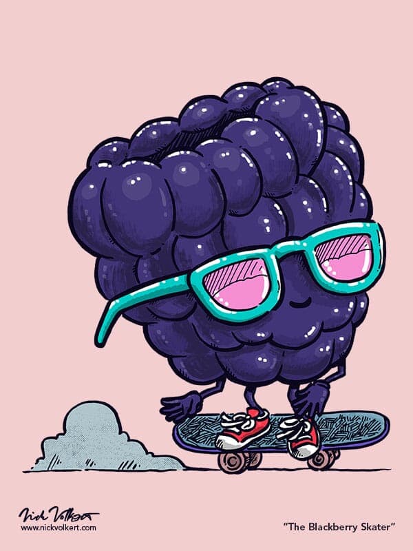 The Blackberry Skater | Nick Volkert A black berry with sunglasses skates on a skateboard.