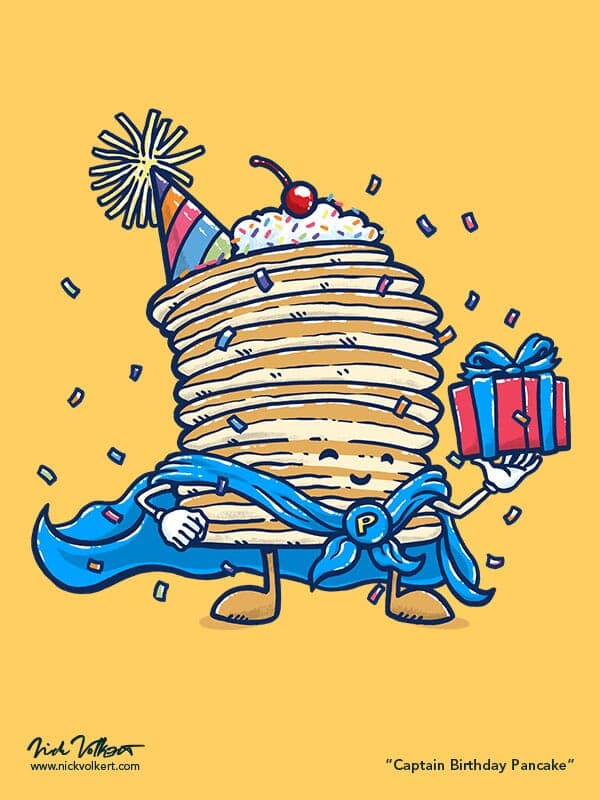 Captain Birthday Pancake | Nick Volkert Captain Pancake is celebrating your birthday while holding a present and surrounded by confetti falling down.