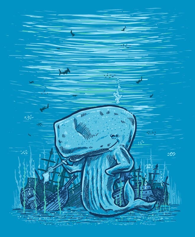 Catch Me If You Can | Nick Volkert A whale at the bottom of the ocean surrounded by sunken ships.