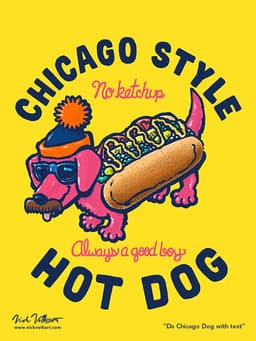 Da Chicago Dog Text Tee | Nick Volkert A dachshund dressed in a chicago-style hot dog costume with sunglasses, mustached and a stocking cap.