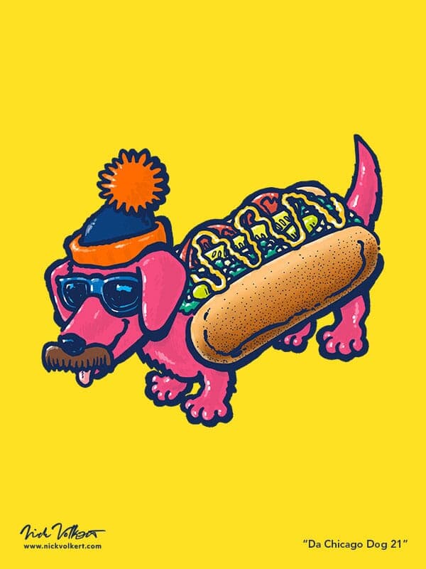 Da Chicago Dog 21 | Nick Volkert A dachshund dressed in a chicago-style hot dog costume with sunglasses, mustached and a stocking cap.
