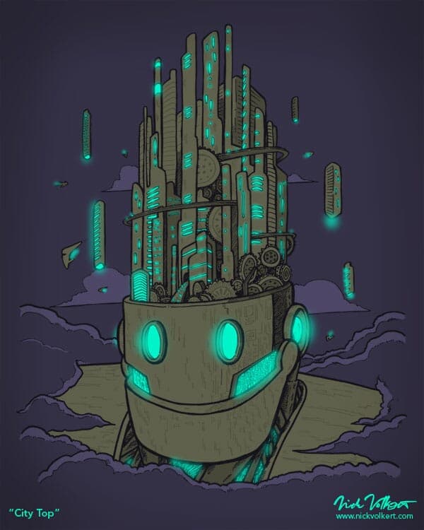 City Top | Nick Volkert A giant robot with skyscrapers coming out of its head peeking through the clouds.