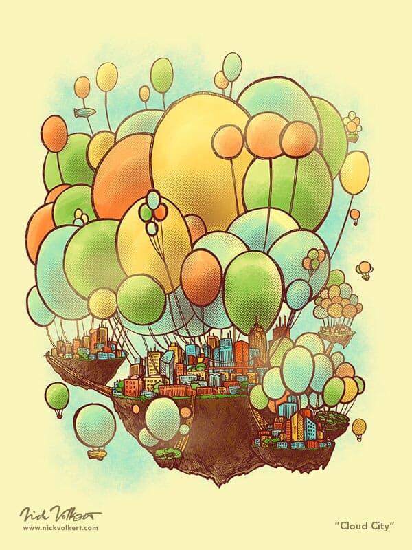 Cloud City | Nick Volkert A sunny city that is suspended in the air by balloons.