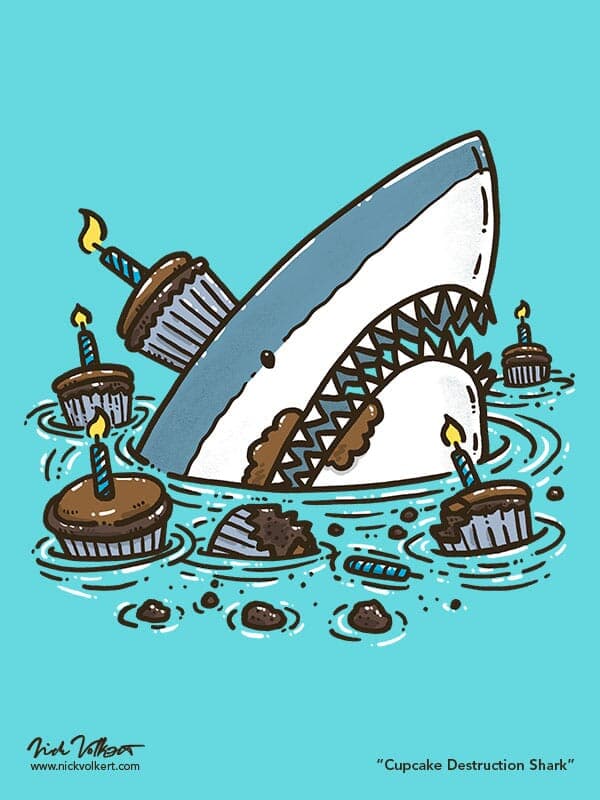 Cupcake Destruction Shark | Nick Volkert A shark in water surrounded by chocolate cupcakes.