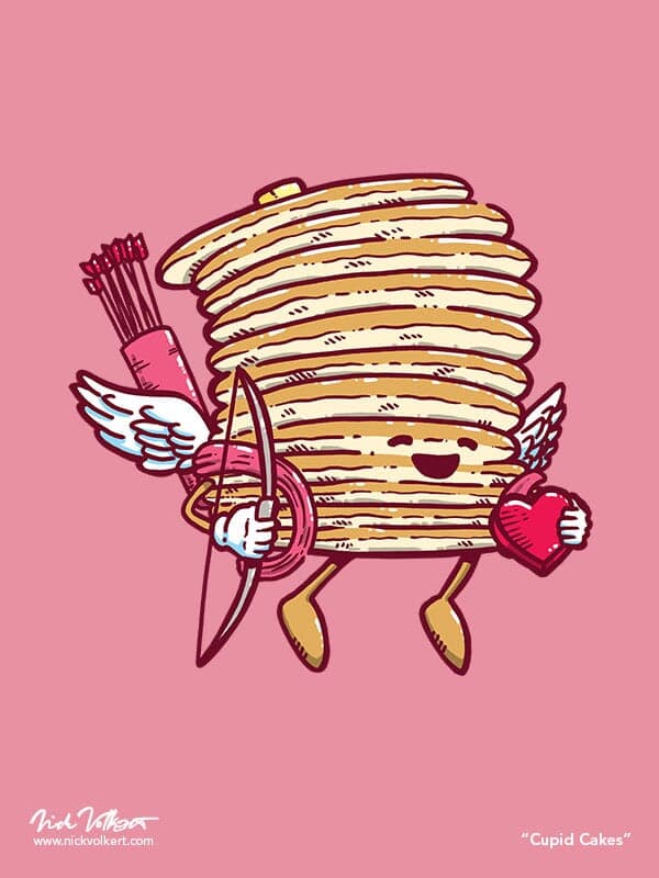Cupid Cakes | Nick Volkert Captain Pancake is dressed like a cherub and is holding a bow and arrow and a box of chocolates in the shape of a heart