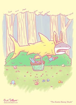The Easter Bunny Shark | Nick Volkert A shark floating freely in a forest scene in Springtime, eating a chocolate bunny, face covered in chocolate, while toting a Easter basket.