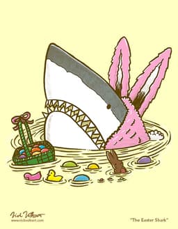 The Easter Shark | Nick Volkert A shark dressed as a pink costumed Easter Bunny pops out of the water with an Easter basket of candy, with the candy in the basket and floating in the water.