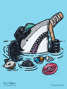 Excellent Shark | Nick Volkert A shark peeks out of the water with a black trucker hat over a mullet, hockey stick and rope licorice.
