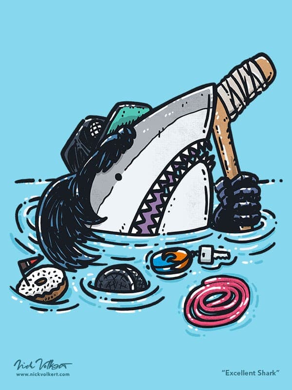 Excellent Shark | Nick Volkert A shark peeks out of the water with a black trucker hat over a mullet, hockey stick and rope licorice.