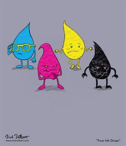 Four Ink Drops | Nick Volkert Four drops of CMYK ink with different personalities facing the viewer.