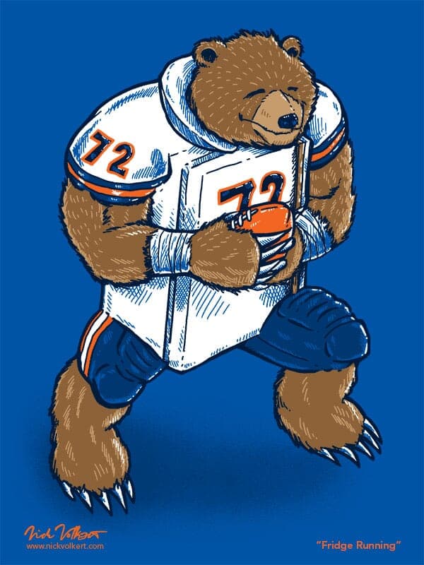 Fridge Running | Nick Volkert A grizzly bear running with a football and a white Chicago Bears jersey with the number 72.