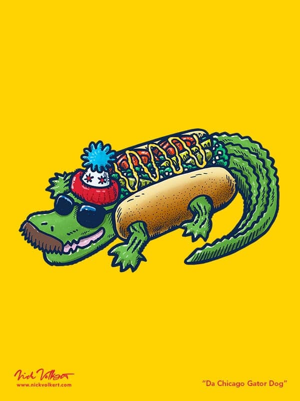 Da Chicago Gator Dog | Nick Volkert A gator wearing a chicago-style hot dog costume with sunglasses and a mustache.