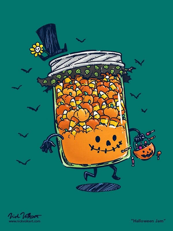 Halloween Jam | Nick Volkert A jar of jam dressed in the theme of Halloween with candy corn contents and a jack o'lantern face.