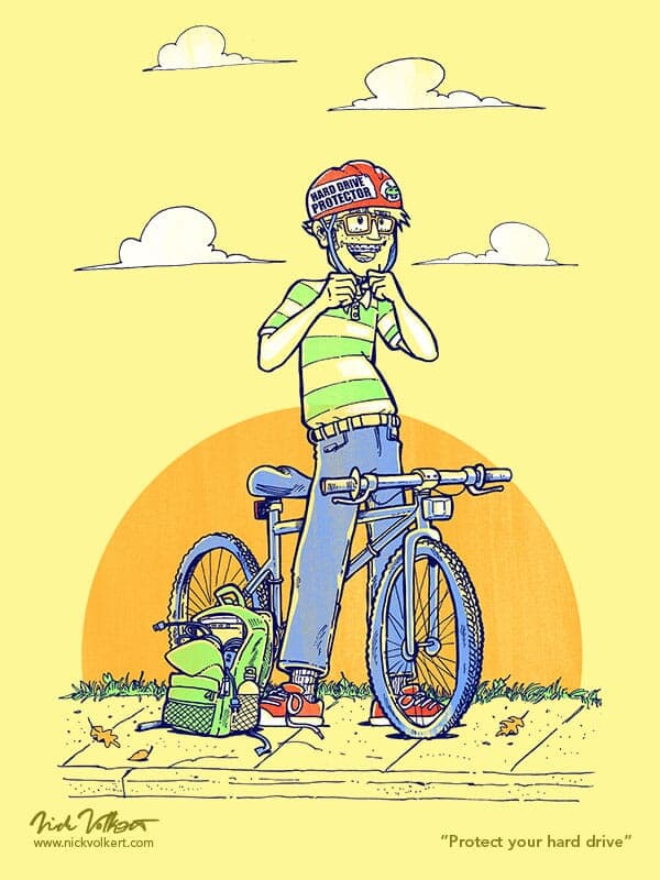Protect your hard drive | Nick Volkert A kid with glasses, braces and a tote bag full of computer stuff puts on a helmet before riding a mountain bike.