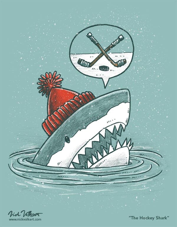 Hockey Shark | Nick Volkert A shark pops out of the water ready to play a game of hockey with a speech caption that has two hockey sticks crossing above a puck.