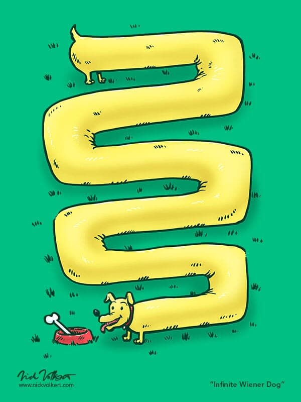 Infinite Wiener Dog | Nick Volkert An elongated and winding weiner dog winds along the green grass to its bowl and bone.