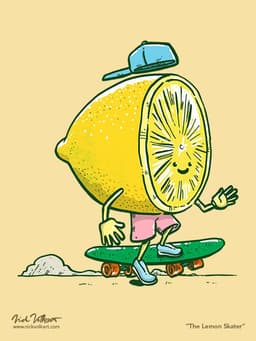The Lemon Skater | Nick Volkert A lemon with a ball cap on backwards skates on a skate deck.