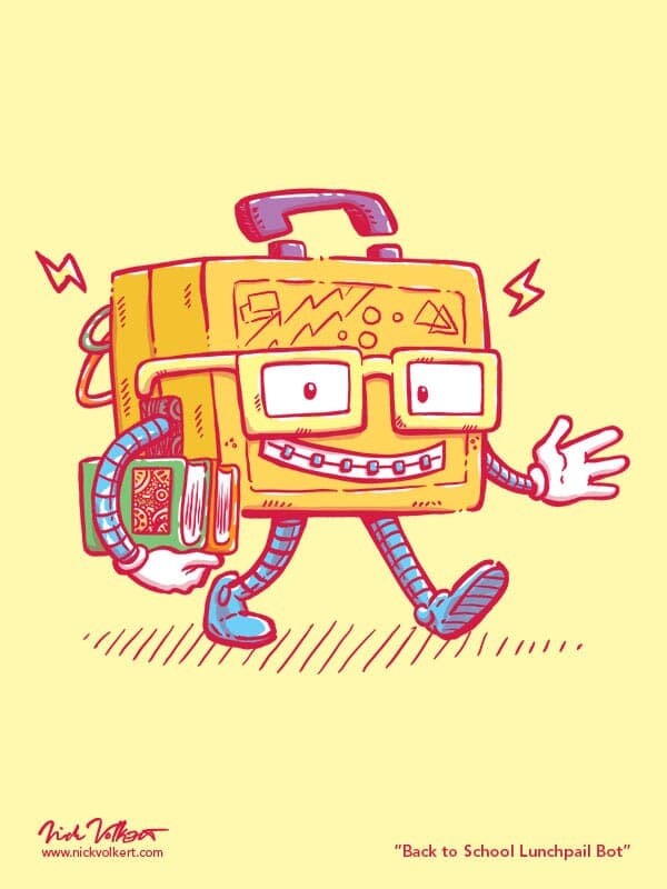 LunchPailBot | Nick Volkert A small smiling lunch box, with glasses and braces, walks to class.