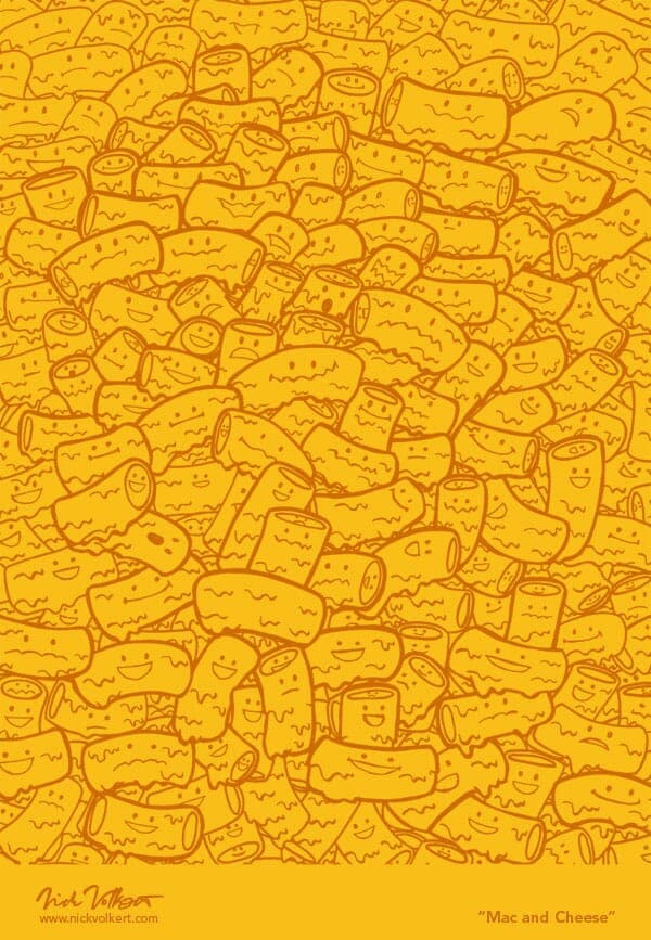 Mac and Cheese | Nick Volkert A close up of gooey and cheesy mac and cheese, each macaroni noodle has its own face and personality.