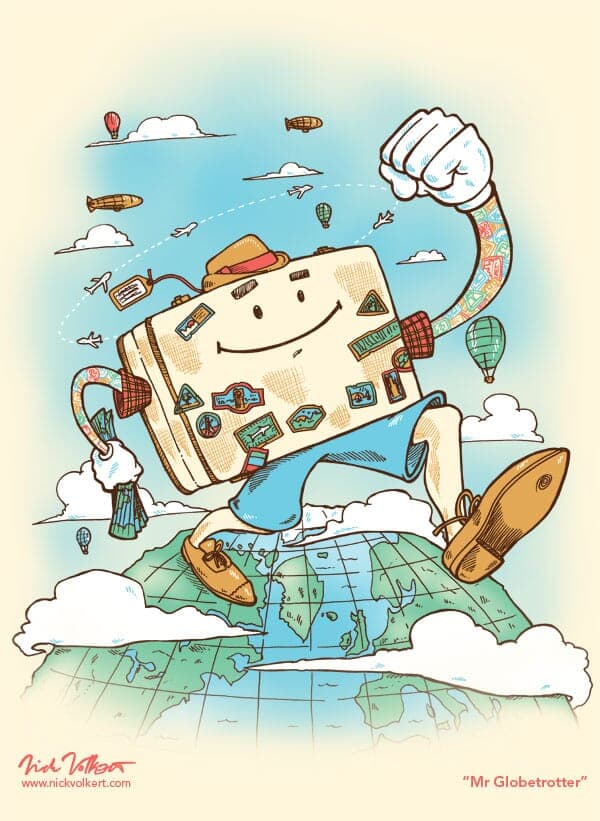 Mr Globetrotter | Nick Volkert A large suitcase with a face steps across the globe.