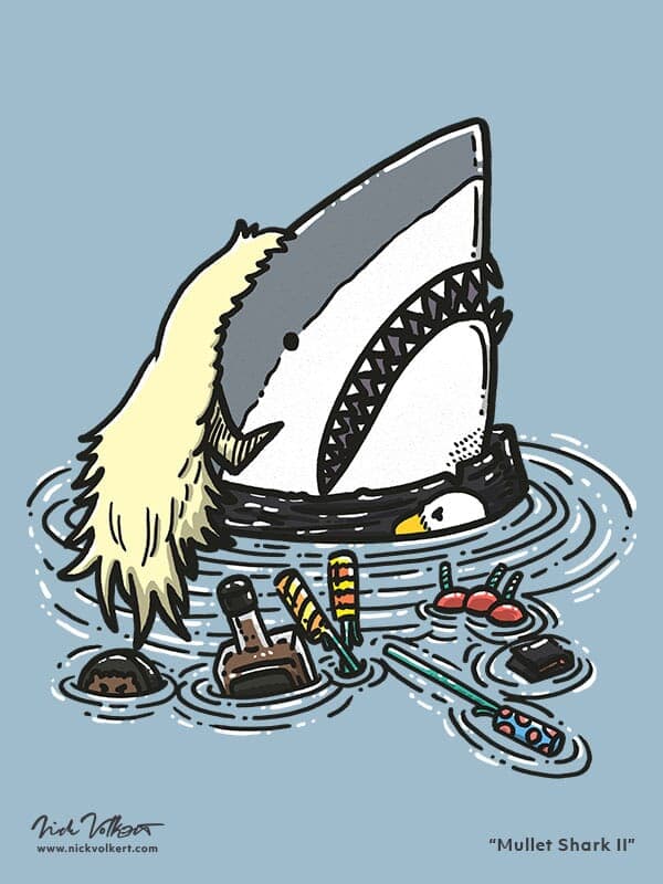 Mullet Shark II | Nick Volkert A shark with a mullet, surrounded by fireworks.