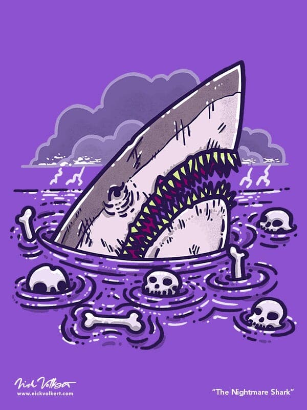 The Nightmare Shark | Nick Volkert A scary shark rests in the water surrounded by bones.