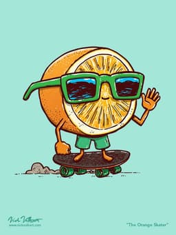 The Orange Skater | Nick Volkert An orange with green sunglasses skates on a skateboard while waving