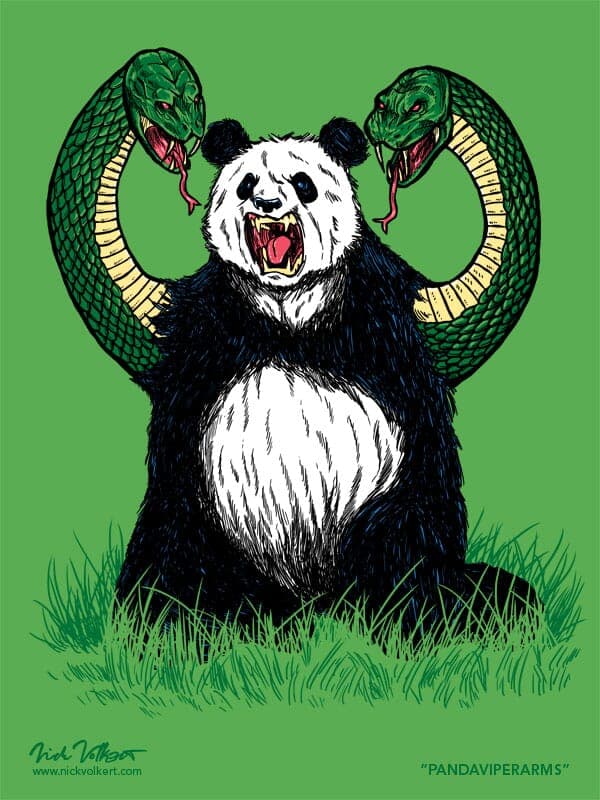 PANDAVIPERARMS | Nick Volkert A panda sitting in grass with arms that are angry snakes.