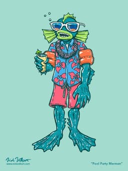 Pool Party Merman | Nick Volkert A merman is drinking a tropical drink, wearing wingies and a Hawaiin shirt.
